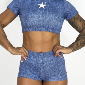 Cropped manga curta jeans | Estrela